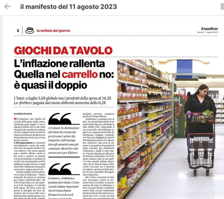 Reale_Scenari's tweet photo. #11agosto Il tema è noto ma la beffa sociale è ormai intollerabile. Formalmente inflazione cala ma per chi spende per alimenti/beni necessità no. La forbice addirittura cresce. Ci sono 2 "inflazioni", una al 5,6%, l'altra al 10,2%. C'è chi canta vittoria e chi annaspa. Bene così? https://t.co/thosRyg0WY