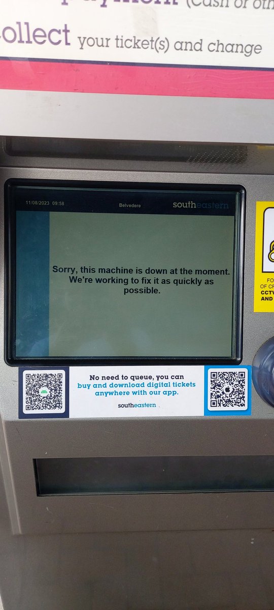 Obaro_2's tweet photo. @Se_Railway my son was given a fine few months ago for not having a valid ticket on his way to school form Belvedere to Chatham...this was the exact scenario. Ticket office shut, ticket machine broken. What an utter joke!! https://t.co/k0FcHpCFWp