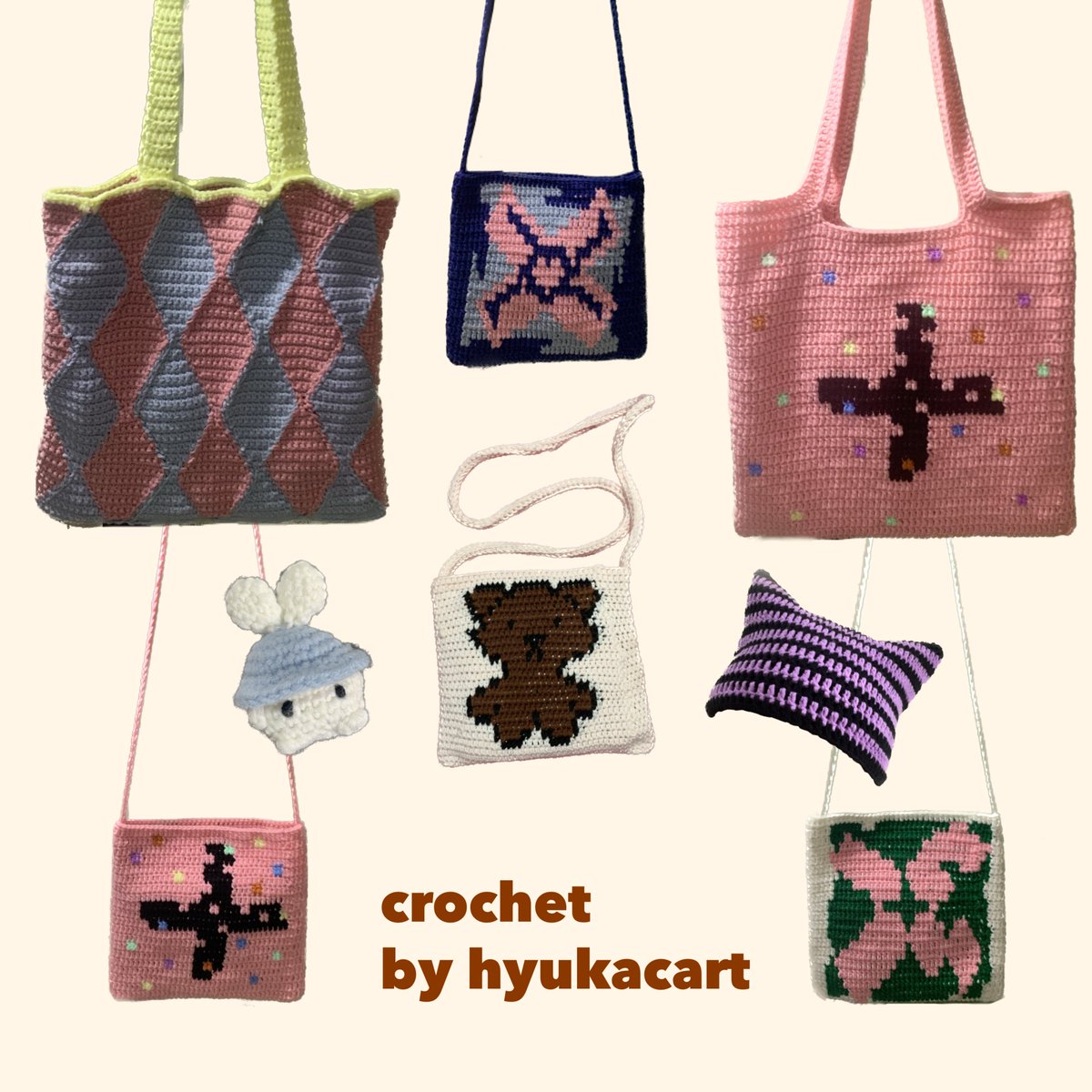 hyukacart's tweet photo. some of my commissioned projects for the past 2 weeks >< dm me for commissions

wts lfb crocheted crochet txt bags sling tote https://t.co/5bDKsqSoI3