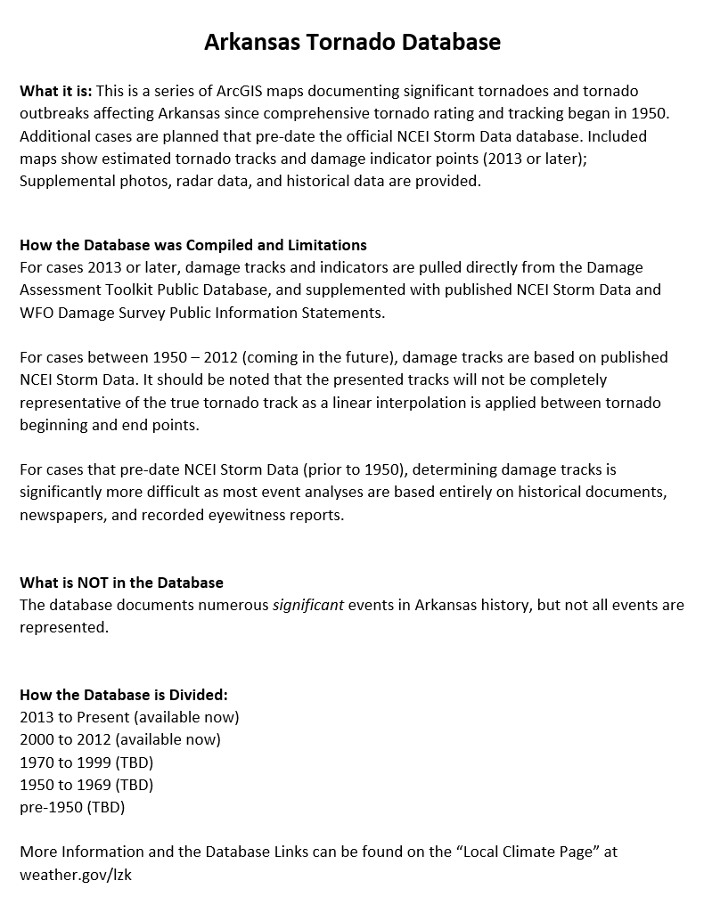 NWSLittleRock's tweet photo. It's been awhile since we launched the Arkansas Tornado Database, and we are excited to announce the release of Volume 2 (2000-2012)!

2000 - 2012 (available now)
https://t.co/iLGEiZsNZL

Stay tuned for more updates (including 2023, and 1970-1999) in the coming months!

#arwx https://t.co/jY7xNTE49d