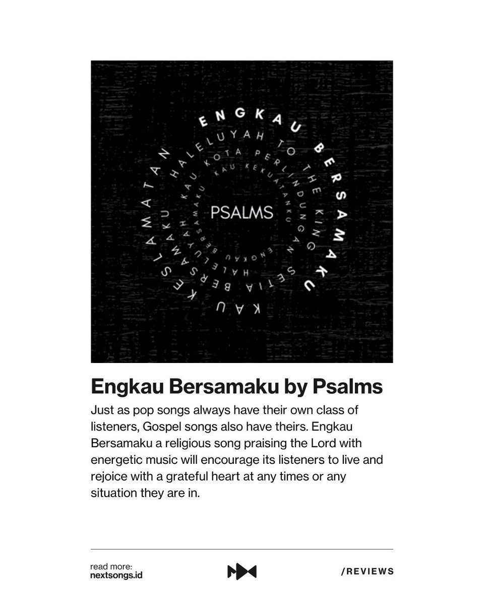 nextsongsID's tweet photo. A religious song praising the Lord with energetic music will encourage its listeners to live and rejoice with a grateful heart at any times or any situation they are in.

Read the full review of 'Engkau Bersamaku by Psalms' at https://t.co/OXXVeE9aMS https://t.co/9c5sBgTXta