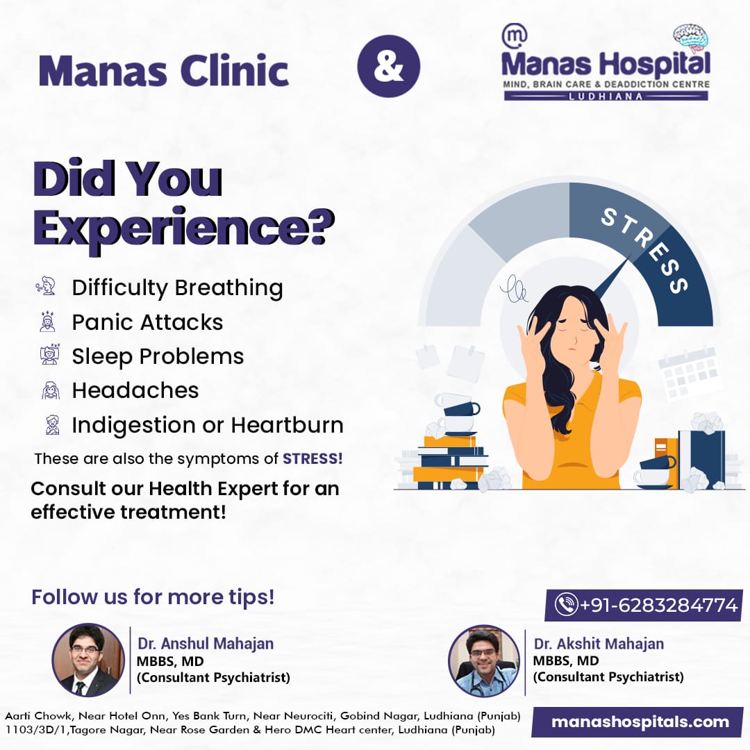 Did You Experience?
These are also the symptoms of STRESS! Consult our Health Expert for an effective treatment!
☎️ Call: +91 6283284774

#manashospital #mensmentalhealth #DifficultyBreathing #sleeping #experts #effective  #SleepProblems #healthcare #manasclinic #ludhiana #Punjab