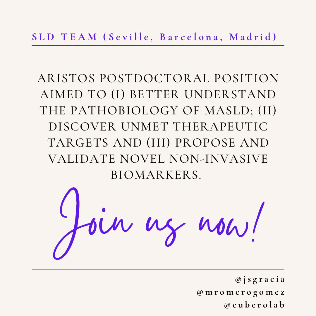 Join us through this excellent funding opportunity! 👩🏼‍🔬👨🏽‍⚕️👨🏻‍💻Multidisciplinary team coordinated by @mromerogomez @CUBEROlab and 🙋🏻‍♂️ 🔬 Topic: Steatotic liver disease from bench to bedside, and viceversa 🏙️ 3 labs in 3 years ‼️ All info: postdoc-aristos.com/DetailGroup?Gr… 🫶🏼 Please RT 🫶🏼