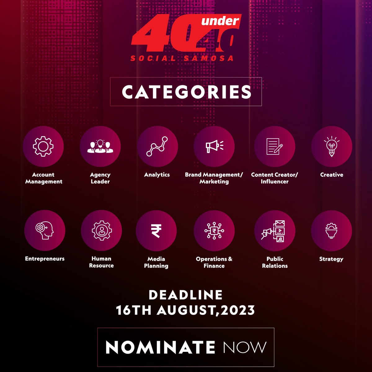 Social_Samosa's tweet photo. As we gear up to bring the third edition of #SS40under40 to honour the thought leaders, hereโs a look at the categories for Social Samosa 40 Under 40 โ The Class of 2023!
Click on the link submit nominations - https://t.co/rmBEaY6bH3
#SS40Under40 https://t.co/enVij6xe22