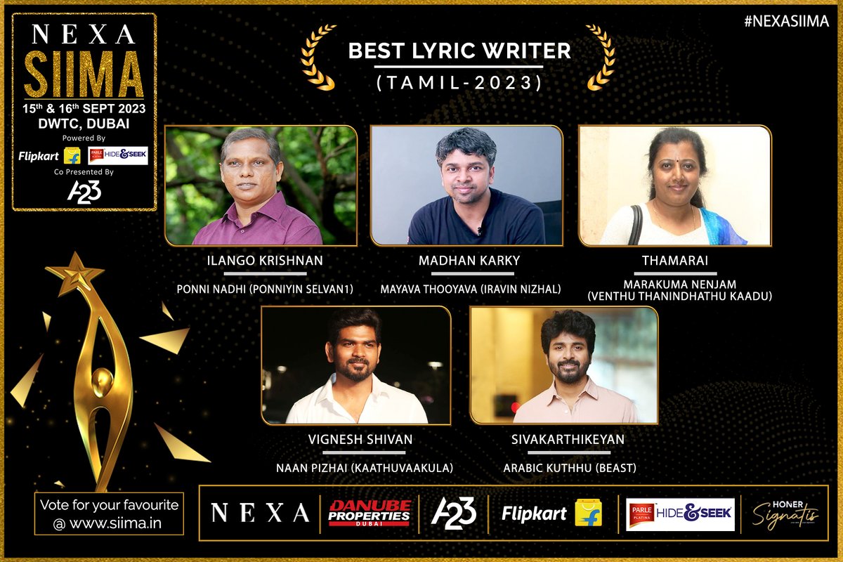 SIIMA 2023 Best Lyric Writer | Tamil

1: @ilangokrishnan for #PonniNadhi (Ponniyin Selvan1)
2: @madhankarky for #MayavaThooyava (Iravin Nizhal)
3: @Kavithamarai for #MarakumaNenjam (Venthu Thanindhathu Kaadu)
4: @VigneshShivN for #NaanPizhai (Kaathuvaakula)
5: @Siva_Kartikeyan…