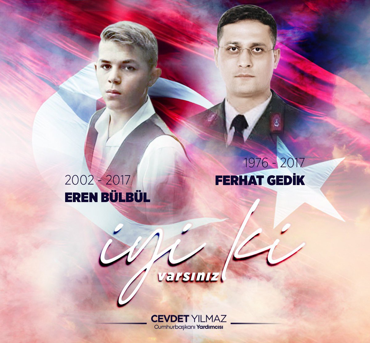 2017 yılında Trabzon'un Maçka ilçesinde hain teröristler tarafından şehit edilen Eren Bülbül ve Jandarma Astsubay Kıdemli Başçavuş Ferhat Gedik'i şehadetlerinin 6. yılında saygı ve rahmetle anıyorum.🇹🇷

Size olan özlemimiz ve yüreğimizdeki acı hiç dinmeyecek.

Mekanınız cennet,