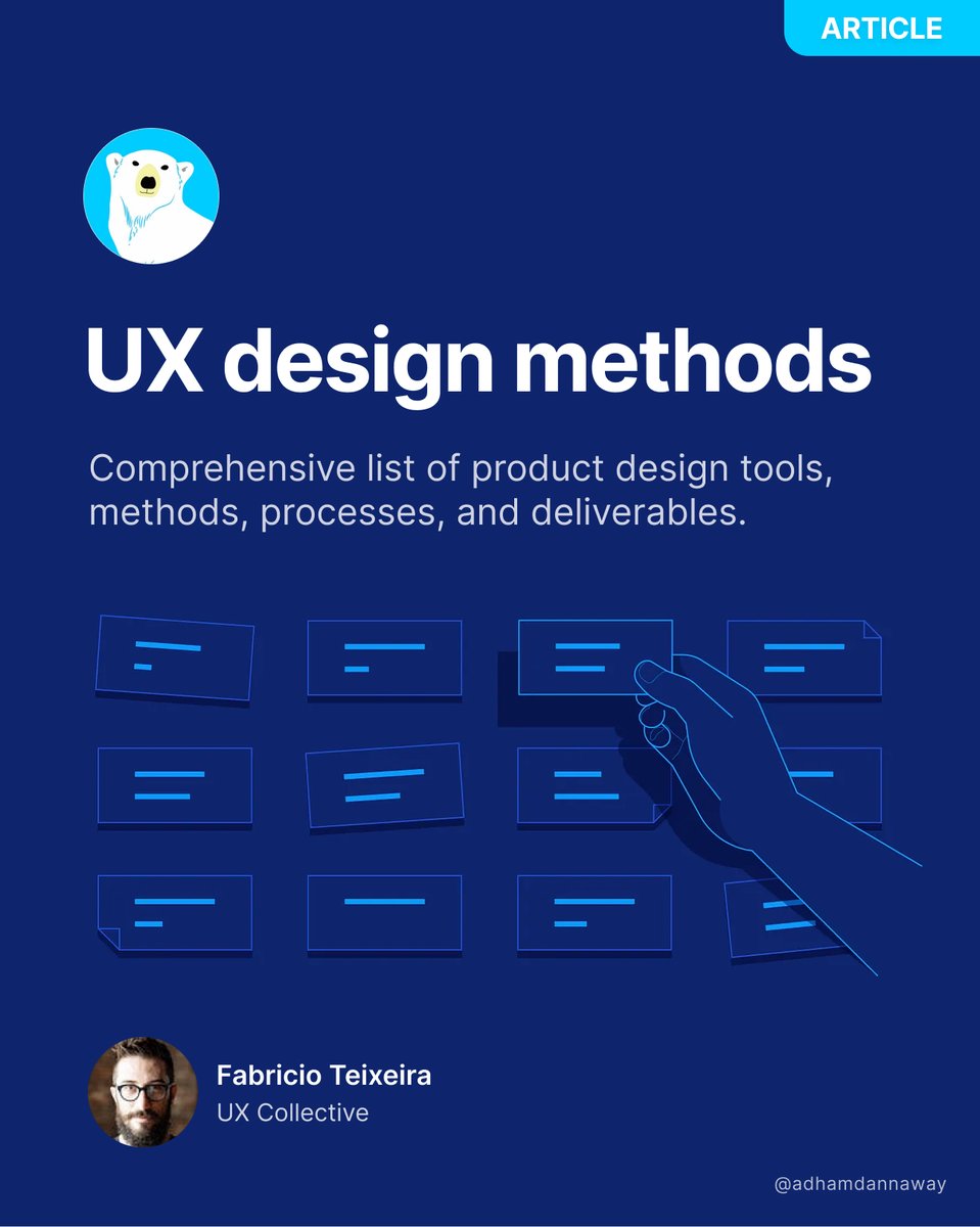 AdhamDannaway's tweet image. 🐻‍❄️ UX design methods &amp;amp; deliverables

A huge list of tool, methods, processes, and deliverables that designers use throughout the digital product design process.

→ uxdesign.cc/a-comprehensiv…

#design #ux #uxui #uxdesign