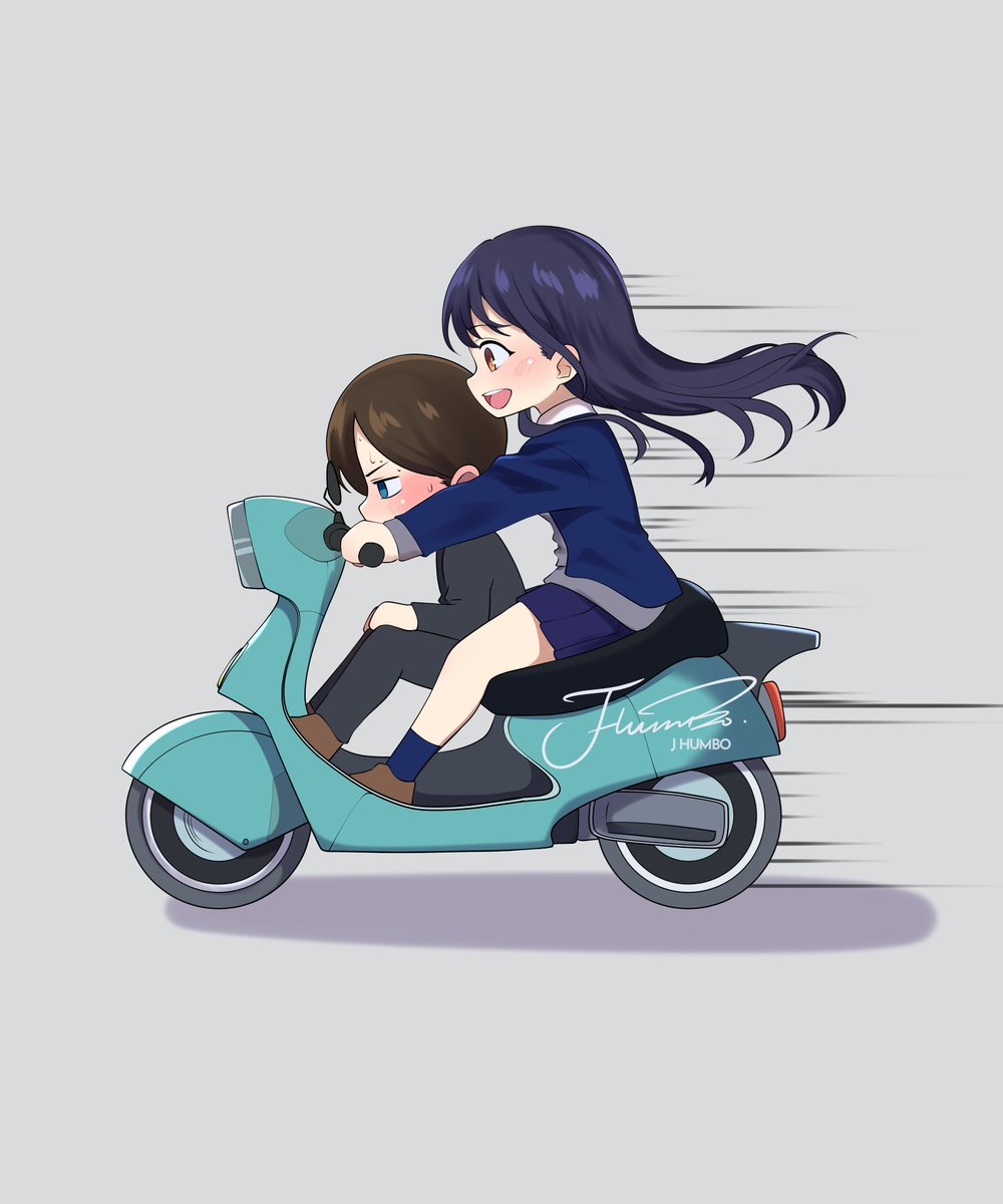 1girl 1boy ground vehicle long hair blush motor vehicle brown hair  illustration images