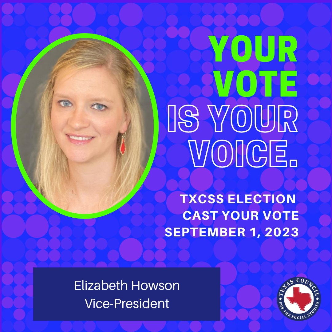 TxSocialStudies's tweet photo. Elizabeth Howson, why do you want to be vice-president? I would like to help more educators engage in the network and support that is offered through TXCSS. Elections open Sept 1. Get to know the candidates at https://t.co/SEsy9o7PBv #txcsselection https://t.co/h3NEvvVkhq