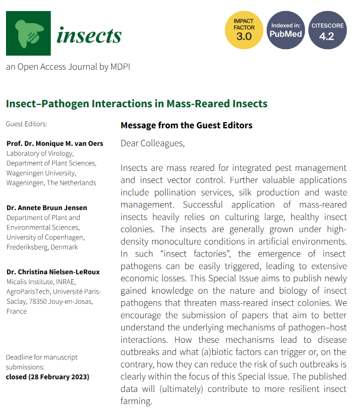 Insects_MDPI's tweet photo. #insects #CallforReading
There are 7 papers that have been published in the #SpecialIssue: Insect–Pathogen Interactions in Mass-Reared Insects
Enjoy reading: https://t.co/vhok1gplaG
#cricket #Tenebriomolitor #insectrearing #insectpathology #mealworm #gutmicrobiota #insectvirus https://t.co/VgeLuaAHHQ