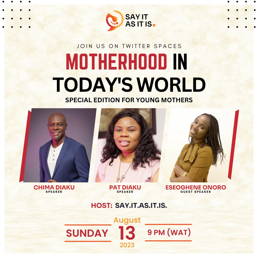 sitasitis's tweet photo. Attention!
Young mothers, what did they not tell you about motherhood?
Please come and share .

#sayitasitis #motherhood #youngmothers #relationshipgoals #family #marriage #TwitterSpaces #TwitterSpace https://t.co/RX62D7bCnI
