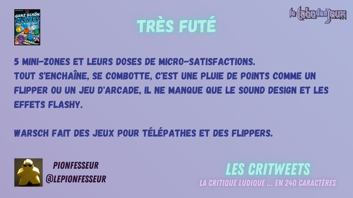 Critweet du jour ...Très Futé par #lepionfesseur
La critique ludique ... en 240 caractères 

#j2s #bordgaming #critiqueludique #cultureludi #critweets #boardgames