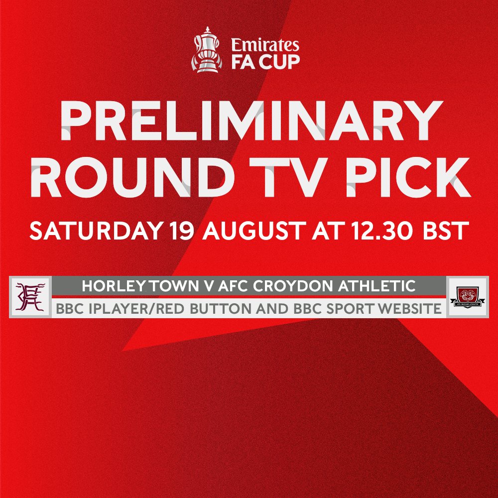 EmiratesFACup's tweet image. Your TV pick for the #EmiratesFACup preliminary round has been made! 🤩

@HorleyTownFC 🆚 @AFCCroydonAth will be available to watch via @BBCiPlayer, Red Button and @BBCSport! 📺