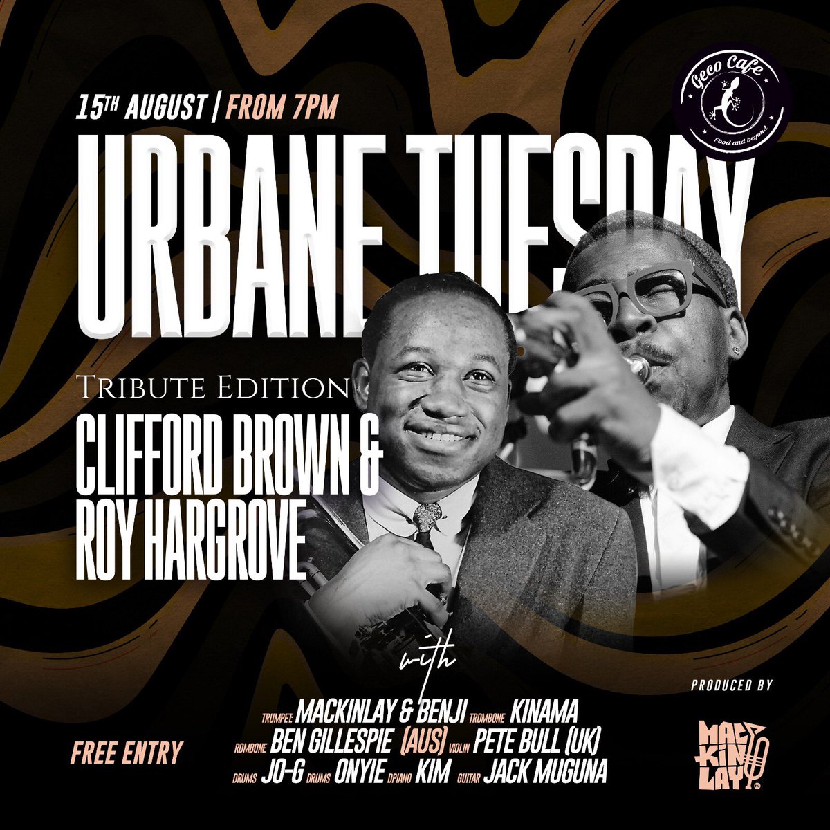 HisynergyKE's tweet photo. Urbanites, 
It is a trumpeter's dream at the next #UrbaneTuesday ! With our stellar line-up of horn players we look forward to sharing the music of Clifford Brown and Roy Hargrove

Come through! #GecoCafe #LiveMusic #nairobi  #LiveBands #Trumpeter #RoyHargrove #CliffordBrown https://t.co/2a5rgnmDw9