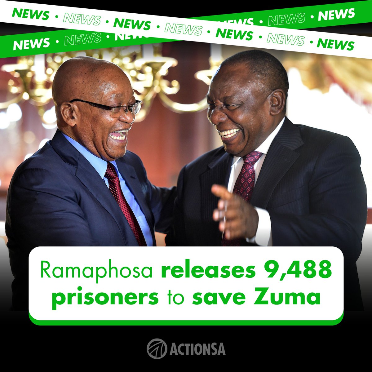 Action4SA's tweet photo. President Cyril Ramaphosa’s decision to release 9,488 criminals back into society, just to save ONE, former President Jacob Zuma, from serving another day in prison sends a message to society that the Rule of Law does not apply to those in power.

This move makes a mockery of the criminal justice system in South Africa by demonstrating once again that President Ramaphosa puts the ANC first and the country second.