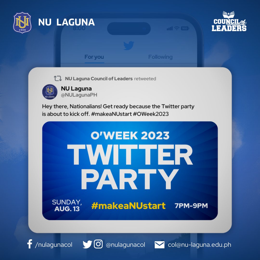 nulagunacol's tweet photo. Get ready for the grand kickoff of #OWeek2023! 🚀

Join us on August 13th, at 7 pm, for our Twitter Party. Let's #makeaNUstart and set the stage for the energy and connections of O'Week.

Prep your hashtags and mark your calendars! 💥

#NULaguna https://t.co/FijwiycZIt