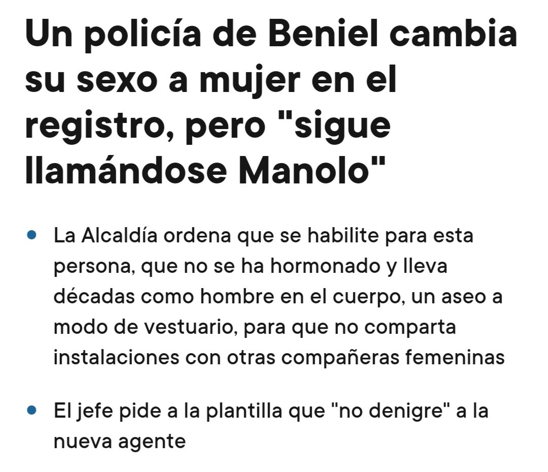 Según la Ley Trans: 
 Si Manolo viola a una mujer ingresará a una prision femenina. Si Manolo va a una piscina municipal puede cambiarse en los vestuarios femeninos aunque haya niñas.
 Si Manolo agrede a su mujer no se contabilizará como violencia de género, y su mujer no tendrá