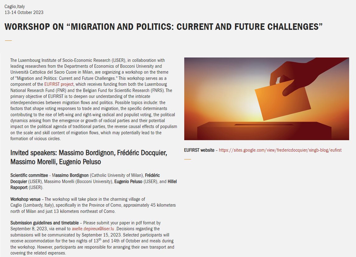 🚨 Call for Papers: Workshop on 'Migration and Politics: Current and Future Challenges'. #Populism 🗓️13-14 Oct. 2023 in Caglio, Italy 🇮🇹 ℹ️ This workshop serves as a component of the #EUFIRSTproject funded by @FnrLux & @frsFNRS ⌛️ Submit by Sept. 8th 🔗liser.lu/?type=news&id=…