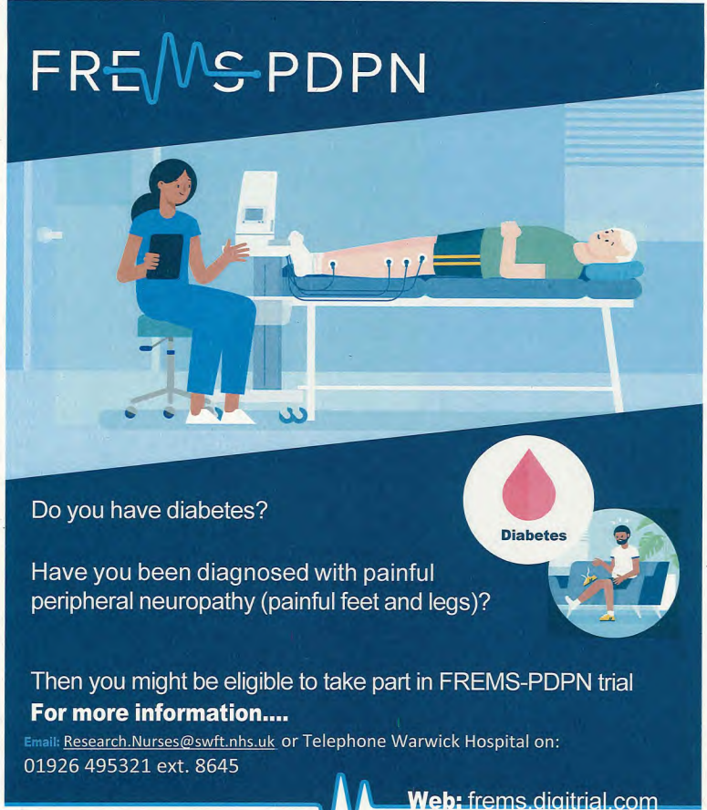 Research_SWFT's tweet photo. Do you have diabetes? At Warwick Hospital, the Core Research Team are recruiting for The FREMS-PDPN Study to determine whether a nerve stimulation device can reduce pain from nerve damage caused by diabetes. @nhsswft https://t.co/vB3YfhAl7B