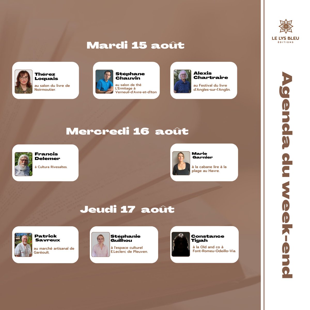 [Rencontres et dédicaces]📷
Rejoignez nos auteurs lors des séances de dédicaces du week-end et de la semaine prochaine.
Consultez les dates et horaires ci-dessous, et marquez votre calendrier ! 📷📷
#SéancesDeDédicaces #RencontrezLesAuteurs #PassionLecture #AuteursÀLhonneur