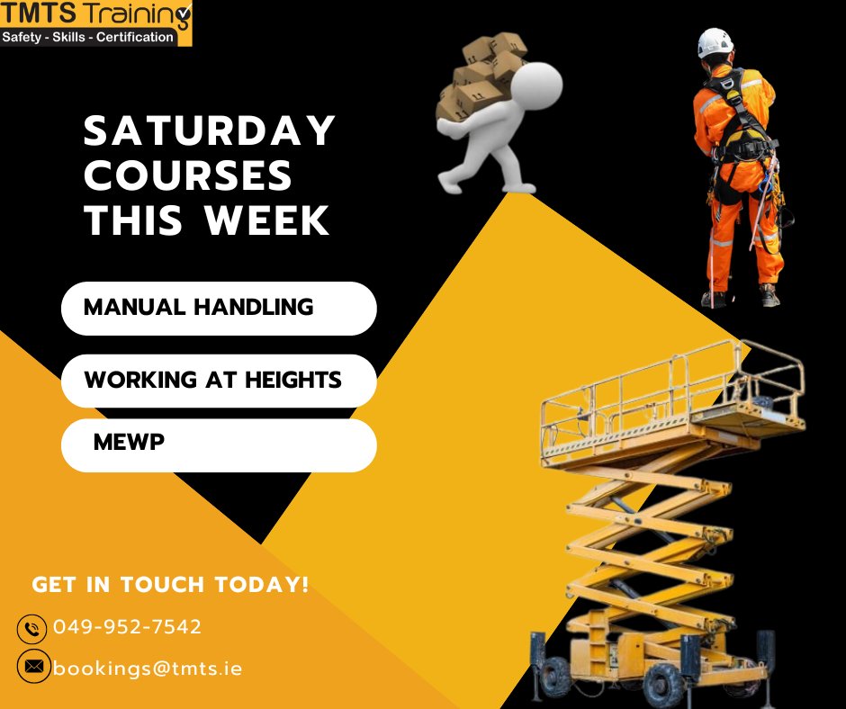 TmtsTraining's tweet photo. SATURDAY COURSES THIS WEEK
🚧Manual Handling
🚧Working at Heights
🚧MEWP
To book your place call 049-952-7542 or email bookings@tmts.ie

#Training #constructionireland #manualhandling #mewp #workingatheights #tmtstraining https://t.co/L6X8A66l9m