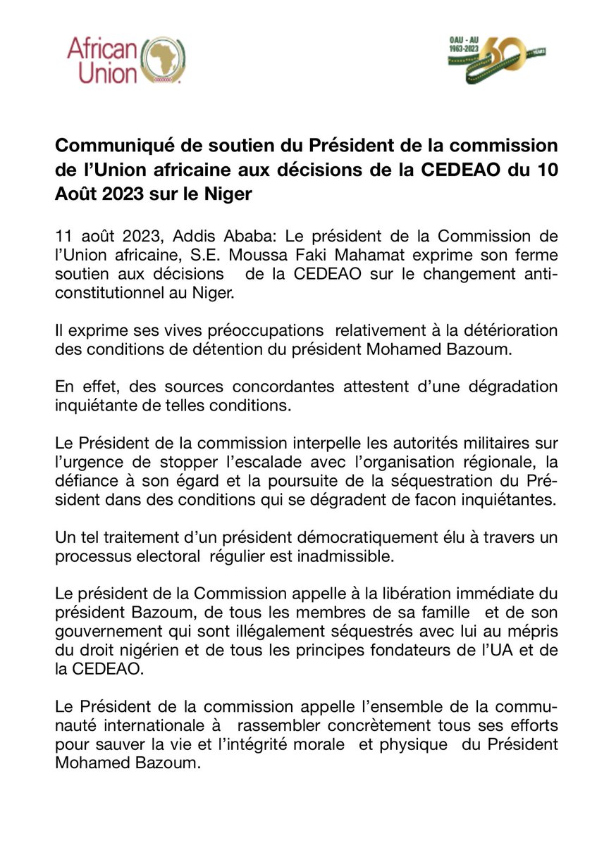 _AfricanUnion's tweet photo. Communiqué de soutien du Président de la commission de l’Union africaine @AUC_MoussaFaki aux décisions de la #CEDEAO du 10 Août 2023 sur le #Niger
https://t.co/xnh0YuCljX https://t.co/nAPQtNqEk7