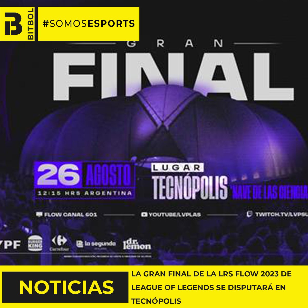 BitbolLatam's tweet photo. #esports |  #LRSFlow      

La Gran Final de la @lvplolsur  de League Of Legends se disputará en Tecnópolis

👉La @lvplolsur concluirá el próximo sábado 26 de agosto en Tecnópolis con entrada libre y gratuita. 

Nota completa https://t.co/T4fRcf3xdP https://t.co/ONb3R4hNRh