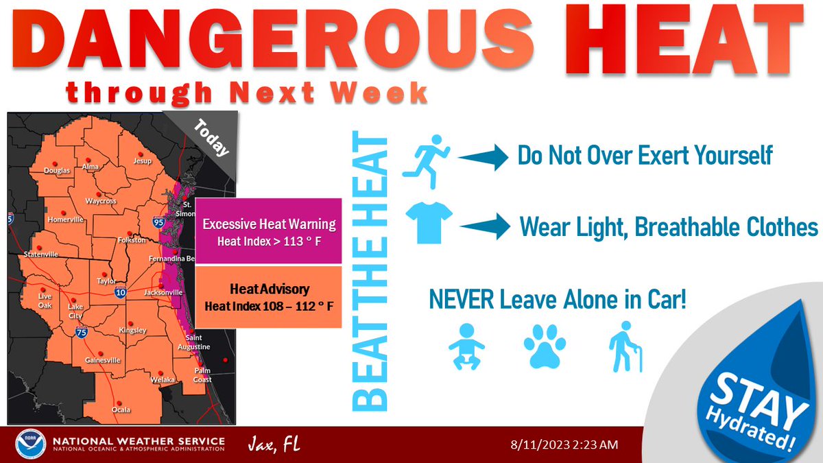 CamdenCountyEMA's tweet image. Coastal Camden County (east of I-95) is in an #ExcessiveHeatWarning &amp;amp; Inland Camden County (west of I-95) is in a #HeatAdvisory from 10AM-8PM Heat index values up to 113 are expected. Extreme heat and humidity will significantly increase the potential for heat related illnesses.