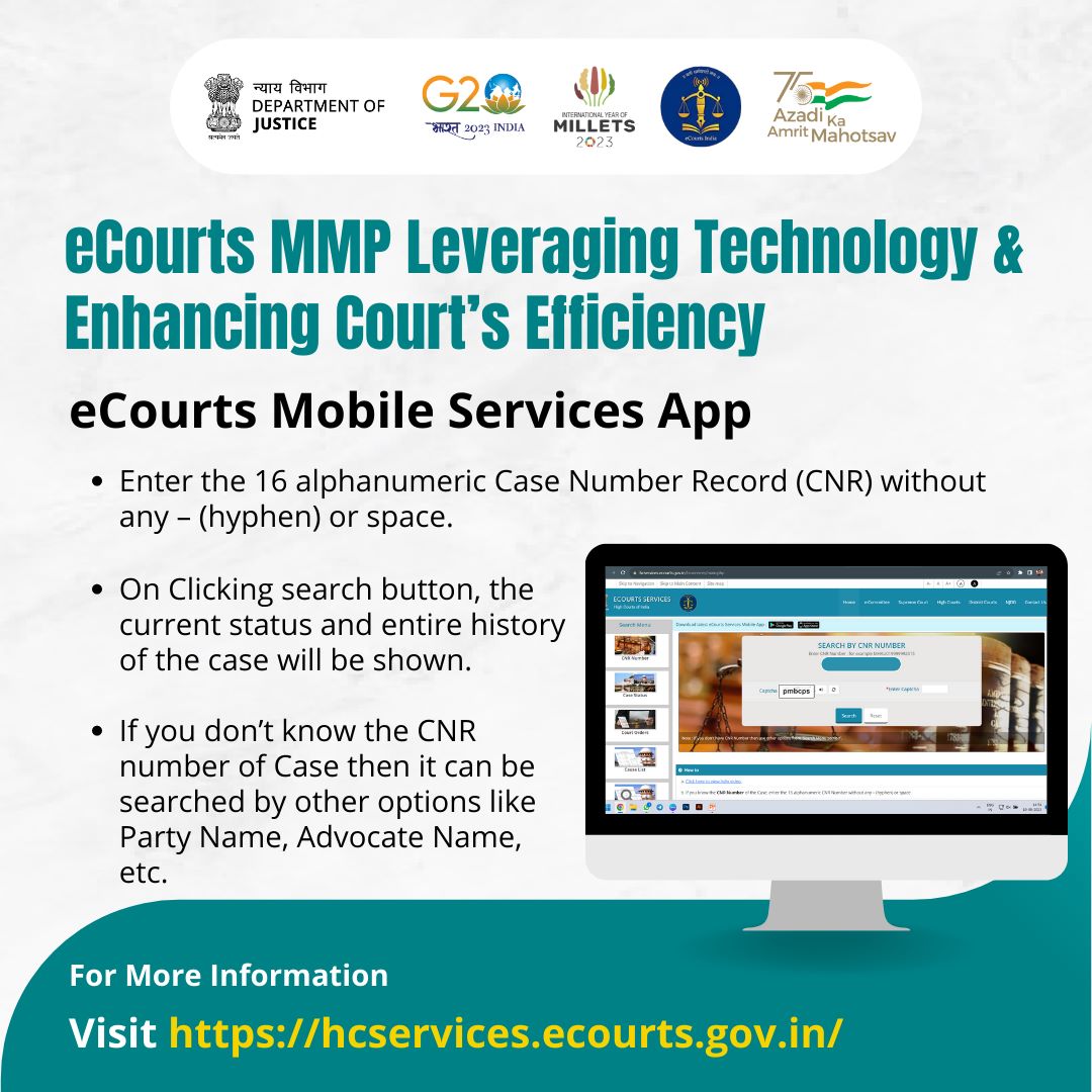 Streamlining court efficiency through technology! 
The eCourts Mobile Services App of the Dept. of Justice of <a href="/MLJ_GoI/">Ministry of Law and Justice</a>, ensures 24/7 access to case status, acting as your legal companion. 
Seamlessly retrieve case data &amp; history with the CNR number lookup feature.