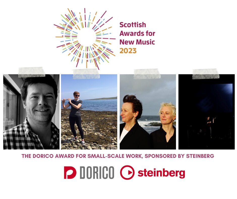 Introducing the #ScottishAwardsforNewMusic 2023 shortlist. Firstly, <a href="/doricoofficial/">doricoofficial</a> Award for Small-scale work, sponsored by <a href="/SteinbergMedia/">Steinberg 🎵</a>. 

David Fennessy, Jack 
Matthew Grouse, Silberblau
Ruth Morley, Neon Flicker 
Turning the Elements, No Trees to Whisper