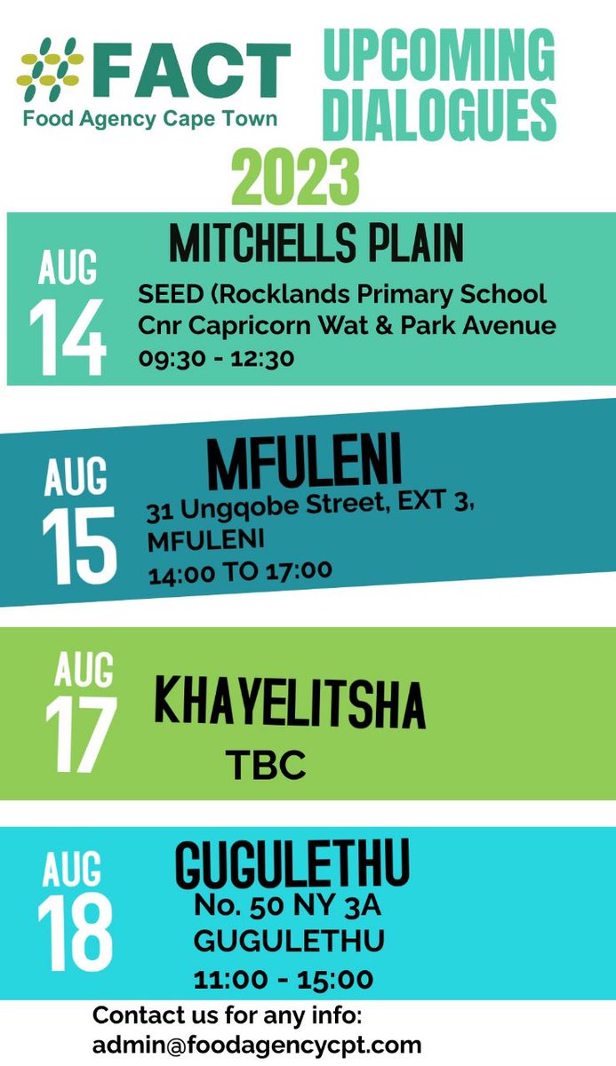 FoodAgencycpt's tweet photo. FACT Community Dialogues are up for another cycle this August! Come and join us as we unpack what affects us all in our different communities through the lens of the #RightToFood. Please rsvp on 0724587179 #fact #factcapetown #coresearch #foodjustice #foodsecurity #Food https://t.co/DBjn32lycp