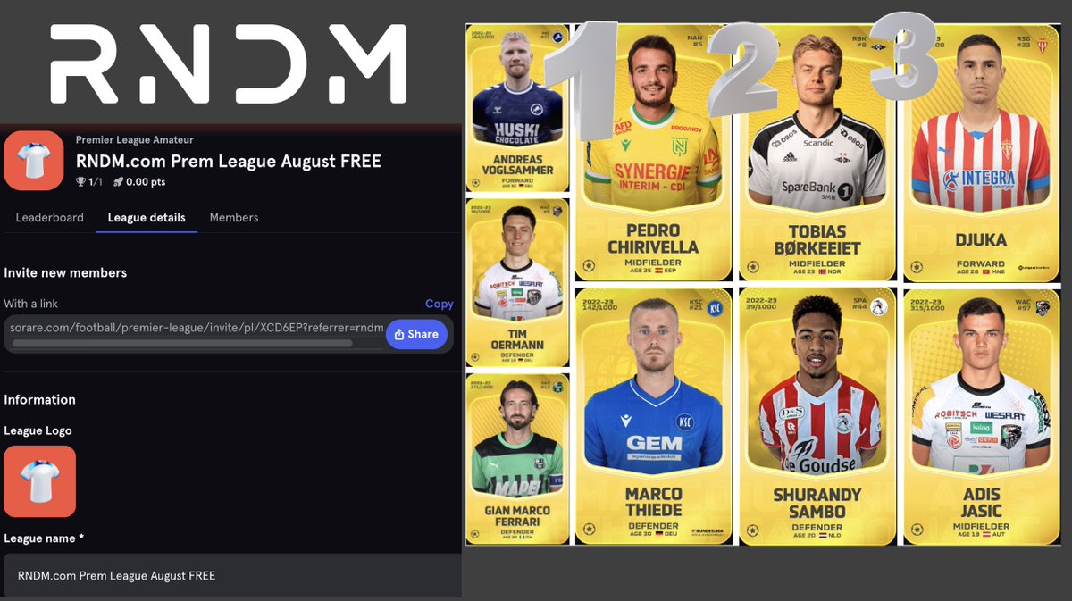 LAST CALL....private league⚽️🎇 (see bio above)

Bring on the new season!!!!!

#SorareGiveaway