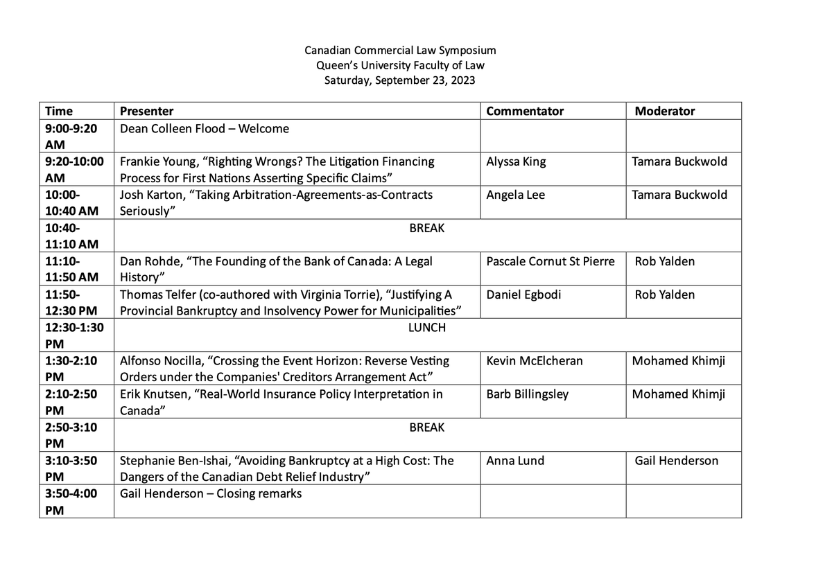 AnnaJaneL's tweet photo. Gail Henderson, Joshua Karton &amp; I are excited to share the schedule for the 7th annual Canadian Commercial Law Symposium, hosted by @queensulaw on Saturday September 23, 2023, and feat @DanEricRohde, @AlyssaESKing, @ange7a, @thomasgwtelfer, @UAlbertaLawDean, @SBIprof &amp; more! https://t.co/M2BPXLsRr3