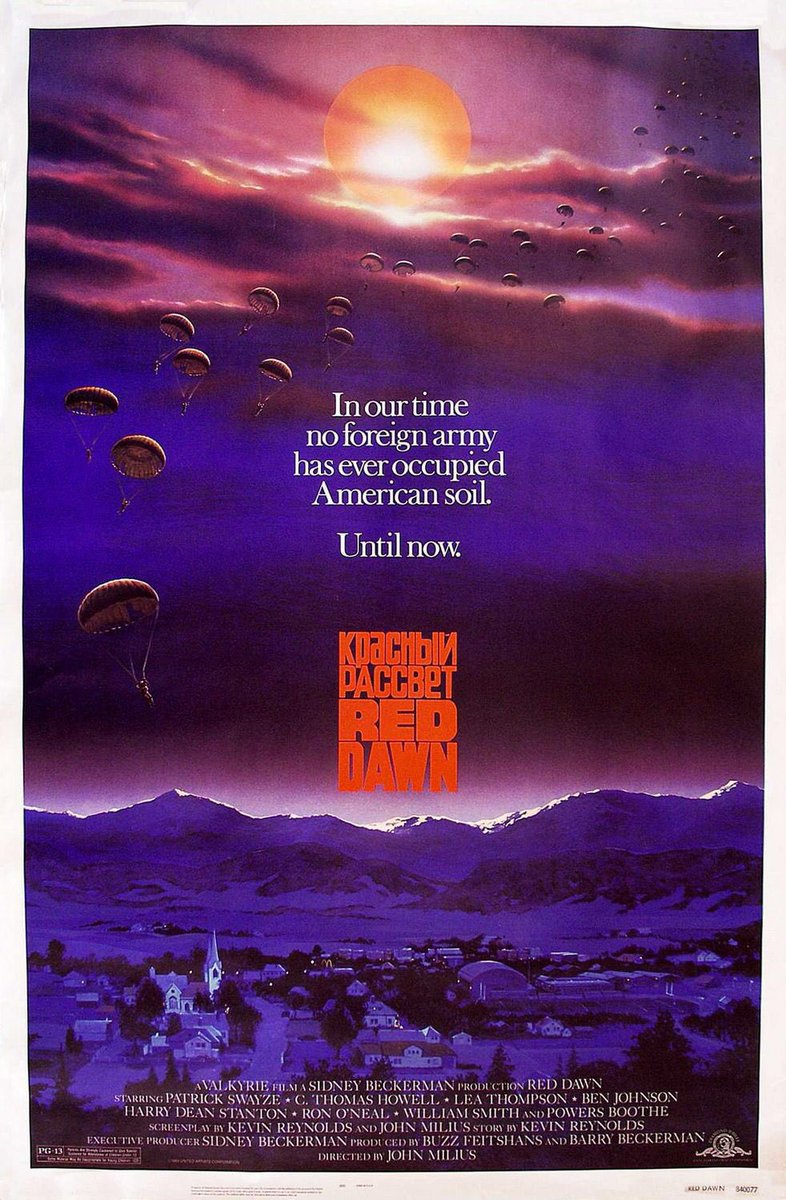 FilmNewsNos's tweet photo. 🎬MOVIE HISTORY: 39 years ago today, August 10, 1984, the movie ‘Red Dawn’ opened in theaters!

#PatrickSwayze #CThomasHowell #LeaThompson #CharlieSheen #JenniferGrey #DarrenDalton #BradSavage #DougToby #PowersBoothe #BenJohnson #HarryDeanStanton #RonONeal #WilliamSmith https://t.co/QimT0tnTK7