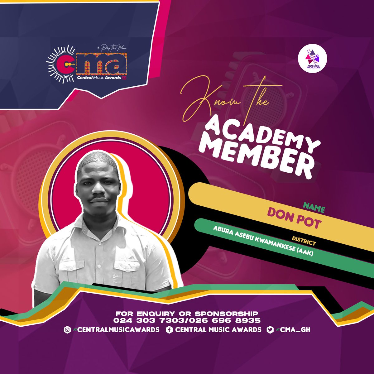 CMA_Gh's tweet photo. Representing ABURA-ASEBU-KWAMANKESE District for Central Music Awards 2023 is @DonPot, one of central region’s finest promoters. 

NB: Entries for nomination open on Monday, 28th August 2023. 

The @CMA_Gh is powered by @heritagepromogh  

#CMA23 #PlayTheMusic https://t.co/AqTYGR8ObC