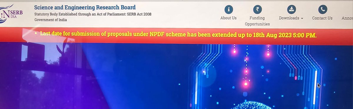 On the request from some students, <a href="/serbonline/">SERB</a> has extended last date for submission of NPDF applications by a week, till Friday the 18th August. Kindly note, there will b no further extension.

<a href="/DrJitendraSingh/">Dr Jitendra Singh</a> <a href="/rajesh_gokhale/">Rajesh Gokhale</a> <a href="/IndiaDST/">DSTIndia</a>