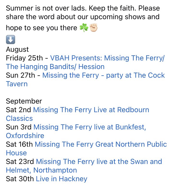 missingtheferry's tweet photo. #gigs #gigs #gigs Summer is not over folks. Come on down to one of the shows below. Pls RT the word ☘️✊🏻
@VBAHrecords @CastleLive @IrishinLondon @RedbournClassic @WBunkfest @SwanandHelmet @pubs_irish #Luton #Euston #Redbourn #Oxfordshire #Herts #Northampton #Hackney https://t.co/oT6QNji0Bz