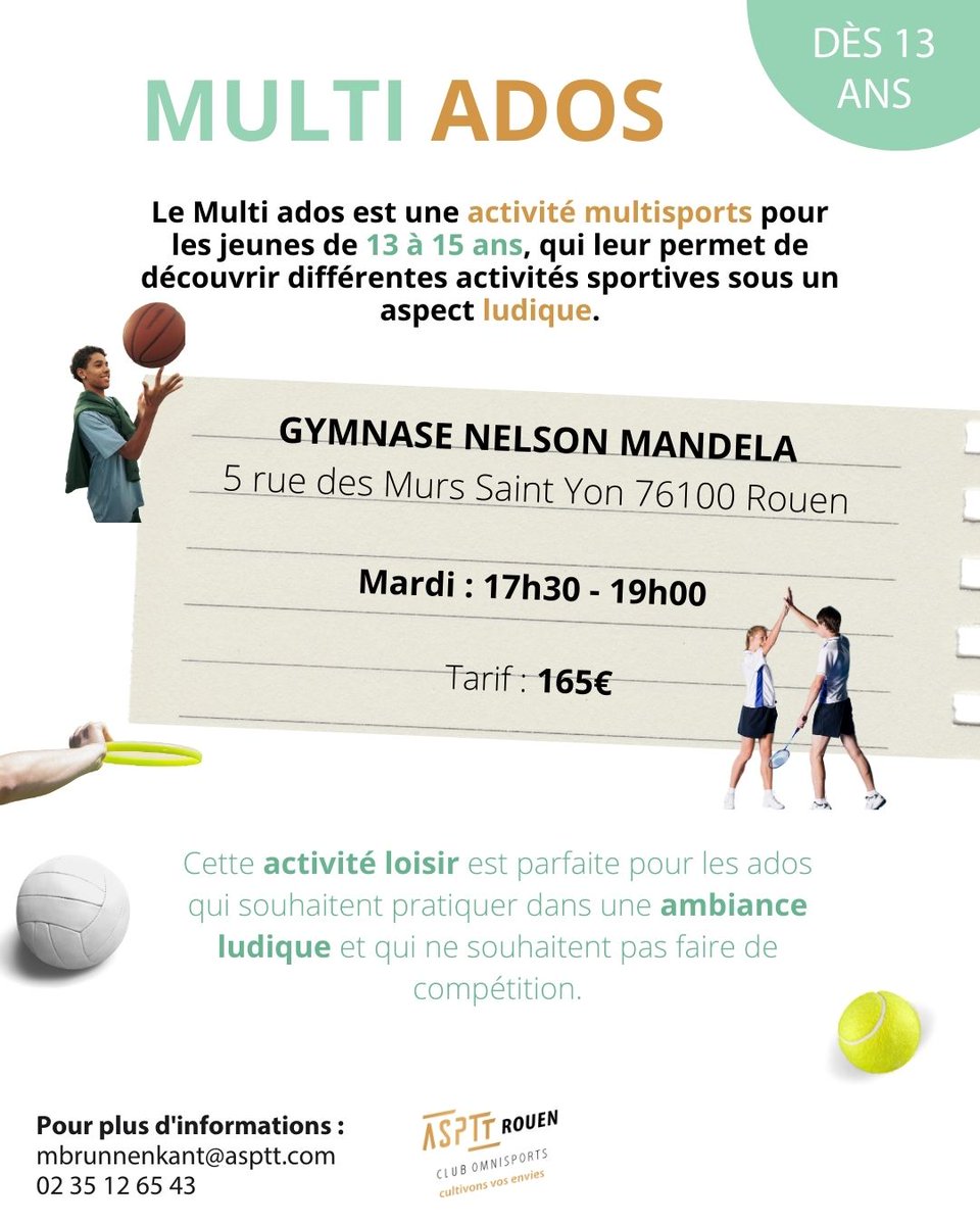 Avec l'ASPTT #Rouen, c'est trop bon de faire du sport !

Avec le #MultiAdos, créé spécifiquement pour les 13-15 ans, vos ados pourront découvrir différentes activités sportives sous un aspect ludique, sans compétition👍

+ d'infos : rouen.asptt.com/activity/multi…