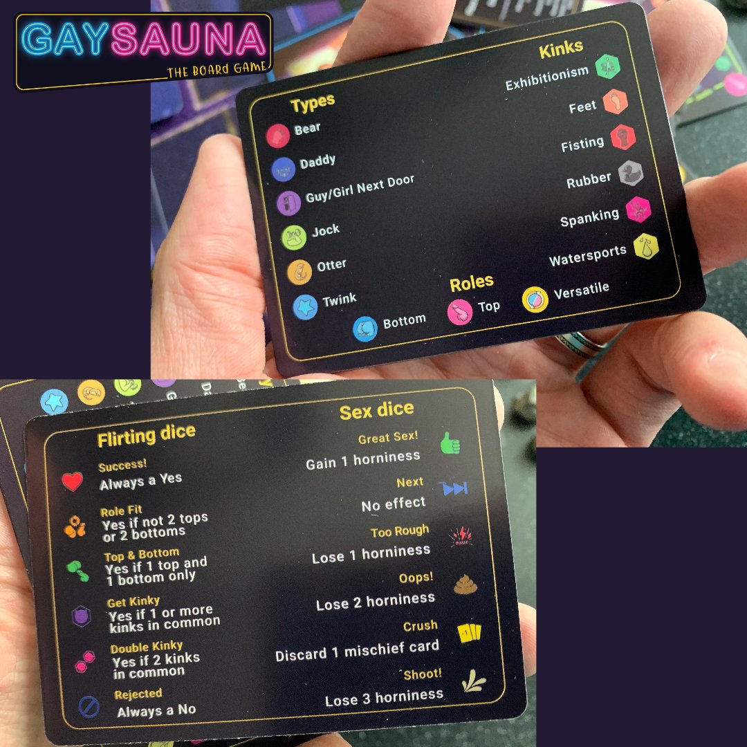 Now each player gets their own reference cards with all the key details needed to maximise your efforts while flirting!

Gay Sauna the Board Game is available now - shop.gaysaunatheboardgame.com