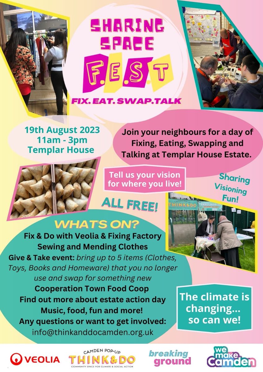 Excited about r next summer F.E.S.T happening Sat 18/8 at Templar House estate in Kilburn. ⁦⁦@DermotTJones⁩ and the #FixingFactory will b on-site to repair any small electronic goods. And as for the free local food….yum! #WeMakeCamden