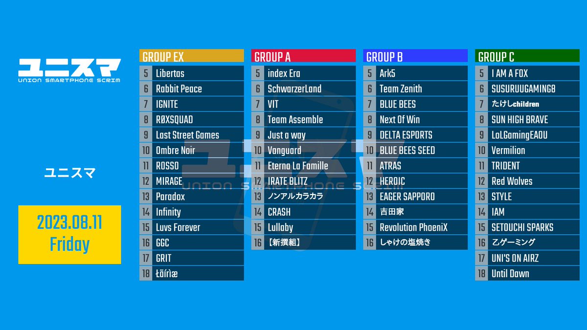 PubgmUnisma's tweet photo. 2023.8.11 (Fri.) 
ユニスマ スクリム ROSTER

本日もご参加ありがとうございます！

#ユニスマ
#スマホ限定
#スクリム
#PUBGMOBILE https://t.co/0H0nxxGt2o