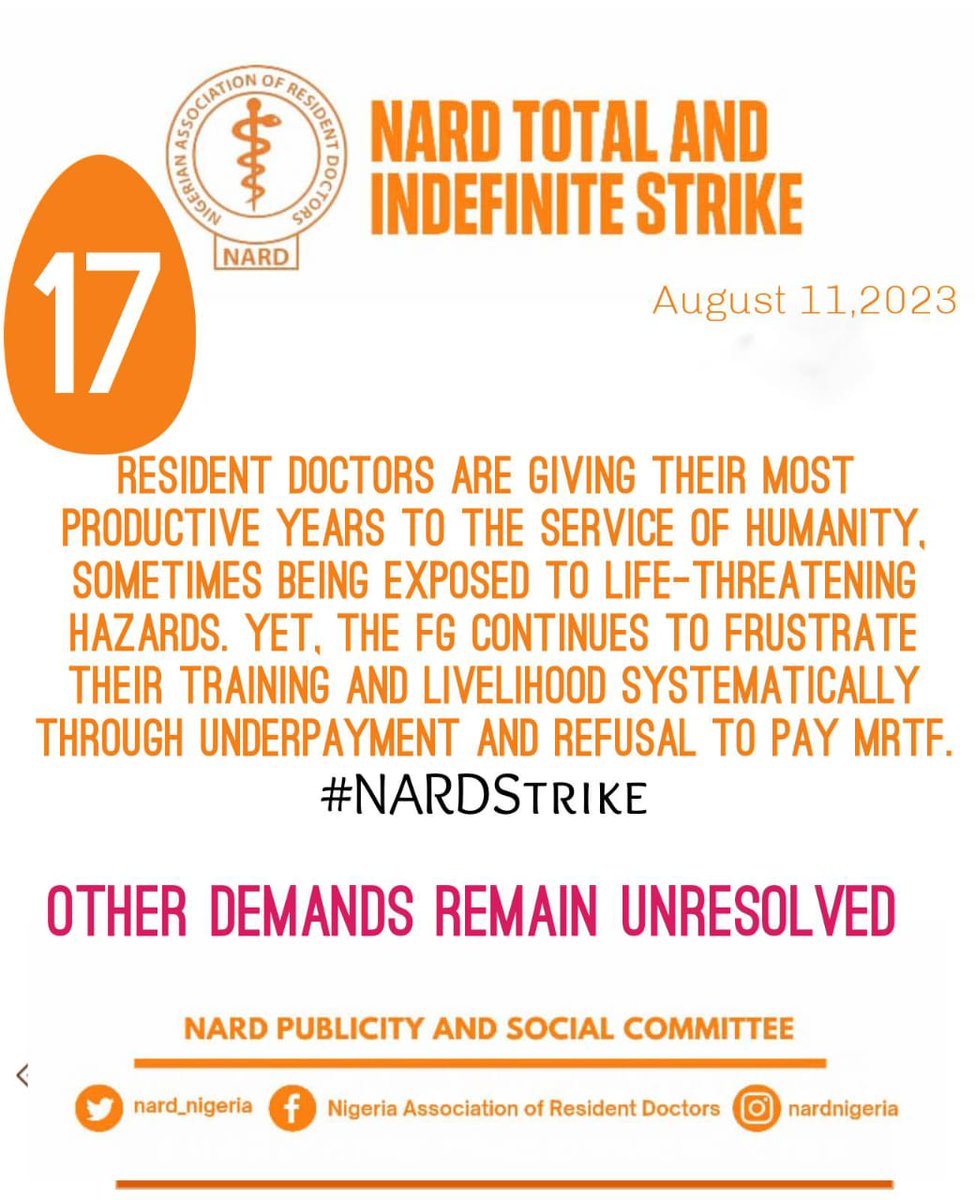 📌The FG has FAILED to mandate MDCN to reverse the status of the Membership certificate for Resident Doctors. With NO reduction in quality of training, period of training, or cost in training, this status downgrade is unjustifiable and subpar with other climes. 
#NARDStrike