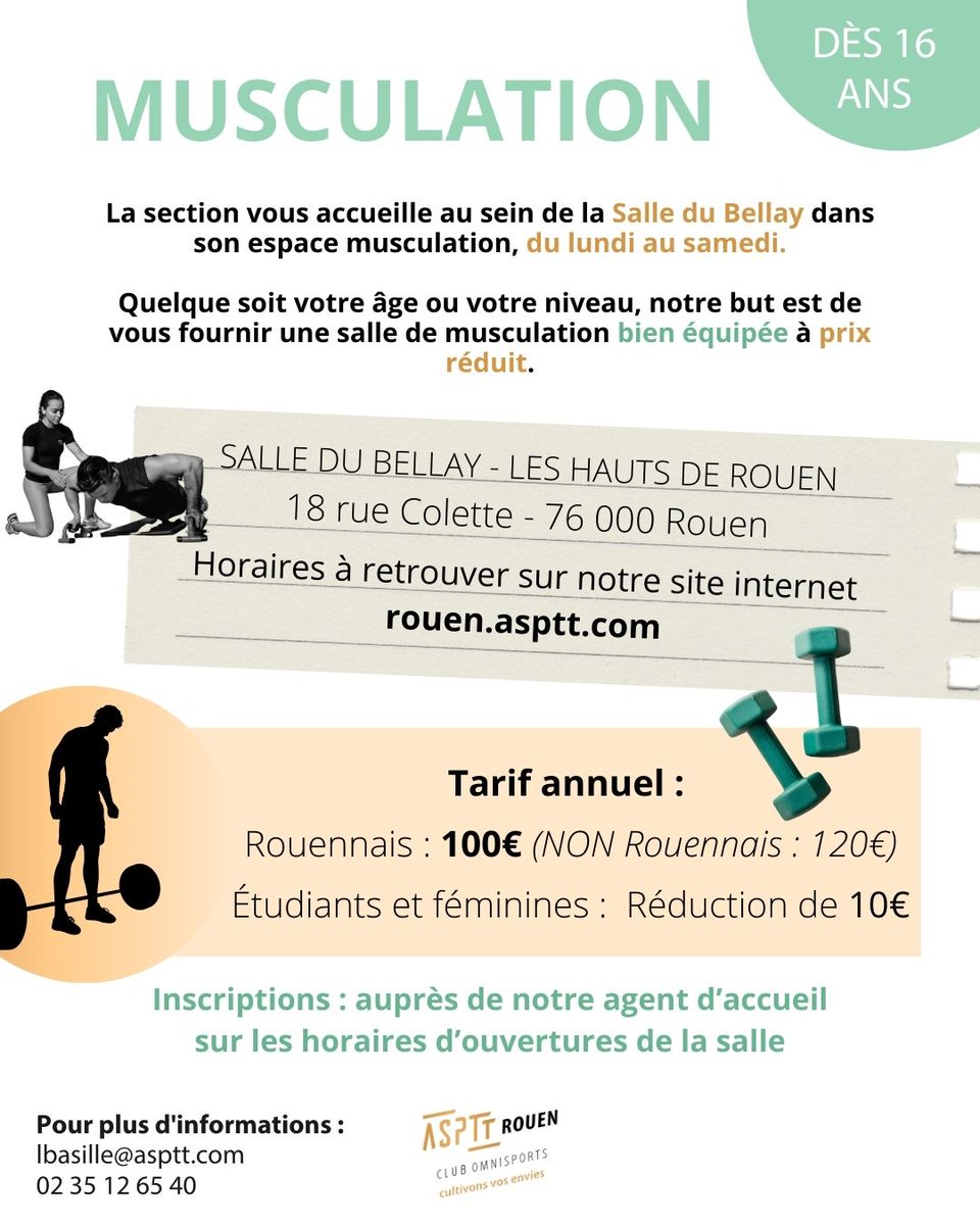 C'est trop bon de faire du sport avec l'ASPTT #Rouen !

Retrouvez notre offre spécifique #HautsDeRouen, avec🏋️ Musculation et/ou Cardio fitness + aquagym !

Pour tester gratuitement une des deux activités : 
👉02.35.12.65.40 ou rouen@asptt.com