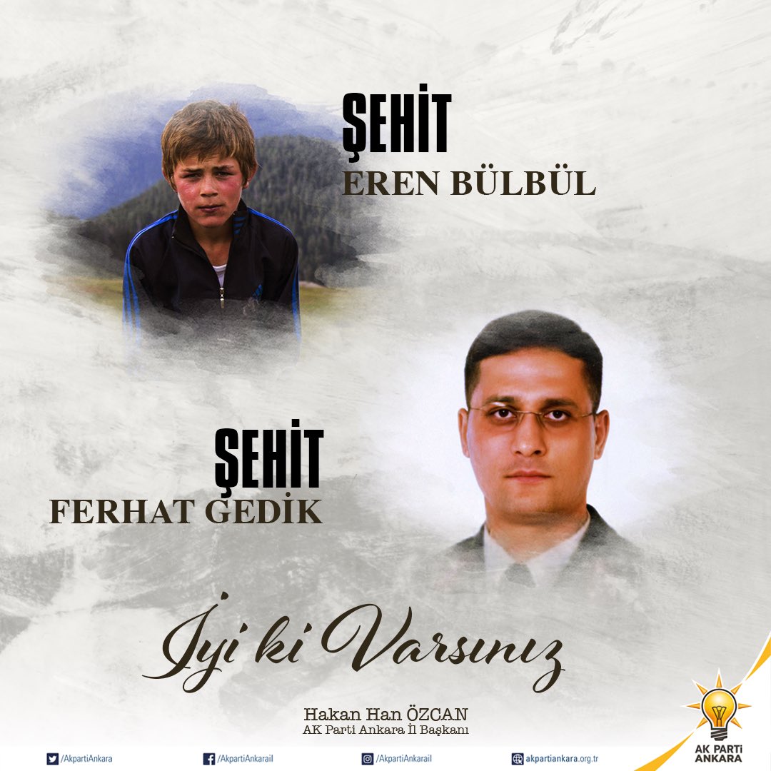 İyi ki varlar, sonsuza kadar kalbimizde var olacaklar…

Teröristlerce şehit edilen Eren Bülbül ve Astsubay Kıdemli Başçavuş Ferhat Gedik’i şehadetlerinin 6.yılında rahmet ve dua ile yad ediyorum.