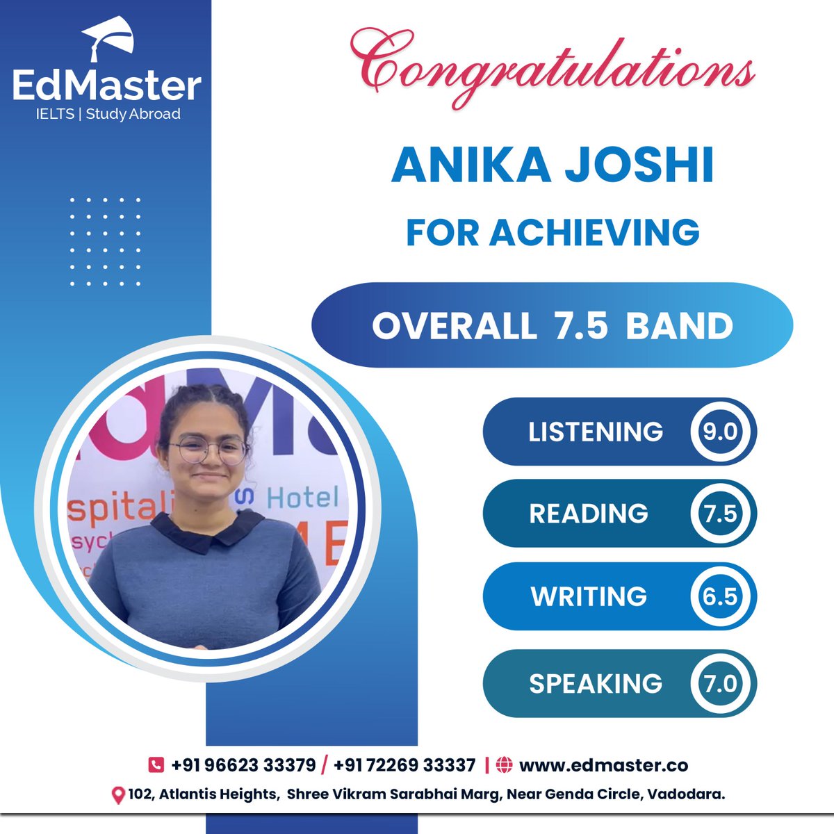 edmaster_india's tweet image. Unlocking Potential, one score at a time🏆⭐️✨

We want to congratulate Anika Joshi for achieving an Overall - 7.5 band

One of our many bright students applying to study abroad with EdMaster.

Join us on your journey to study abroad today

#edmaster #edmasterltd #flystudysucceed