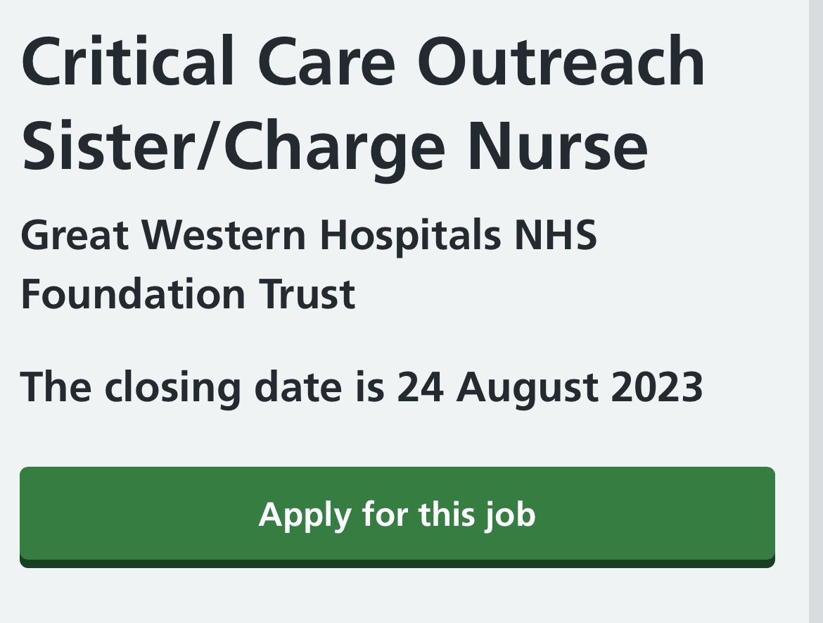 Gemma Honeyman-Brown (@gemmayapp) on Twitter photo The CCO team at <a href="/GWH_NHS/">Great Western Hospitals NHS Foundation Trust</a> are looking for a new team member ☺️ If you have an interest in critical care outreach and a post grad course relevant to this post we would love to hear from you!
jobs.nhs.uk/candidate/joba… The CCO team at <a href="/GWH_NHS/">Great Western Hospitals NHS Foundation Trust</a> are looking for a new team member ☺️ If you have an interest in critical care outreach and a post grad course relevant to this post we would love to hear from you!
jobs.nhs.uk/candidate/joba…