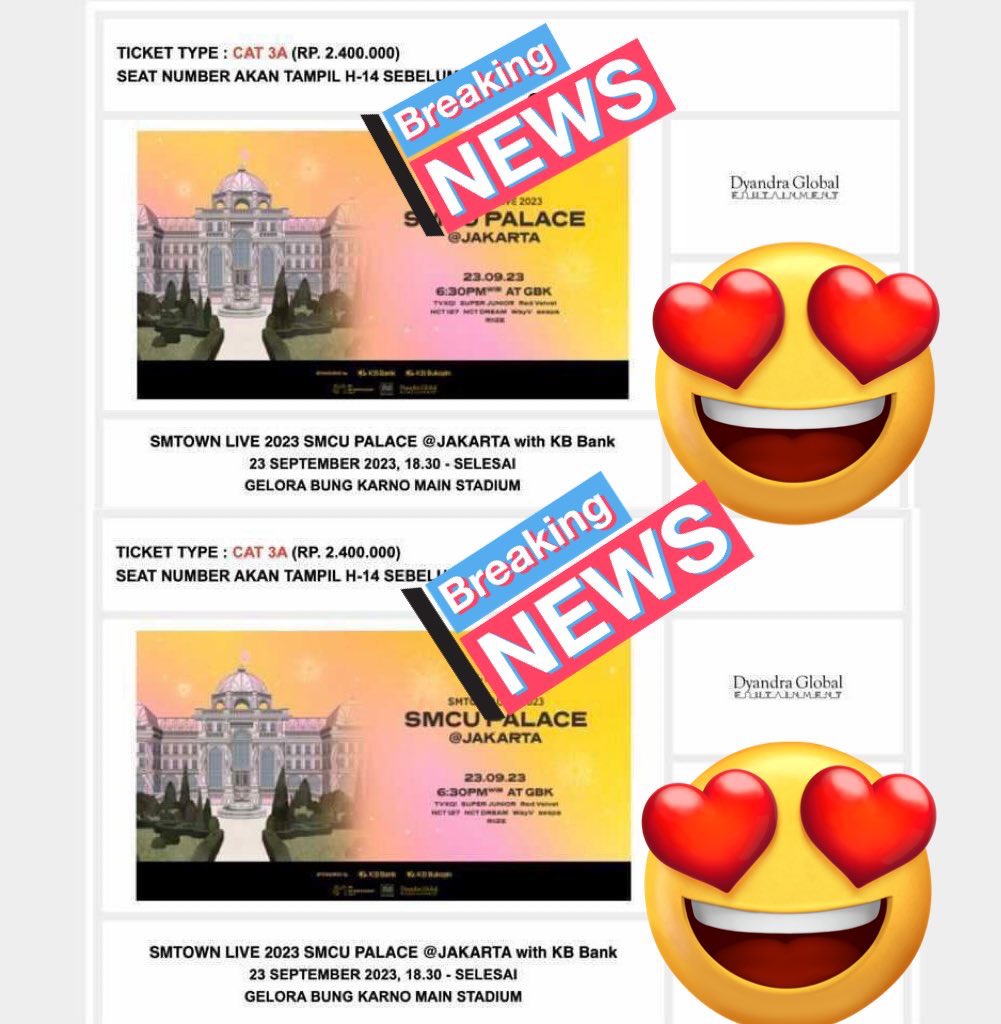 ajvow's tweet photo. WTS Tickets SMTOWN Live 2023 SMCU Palace Jakarta

⏩️Cat 3A : 2.425.000 (2 Tix)
▶️Cat 1A : 3.620.000 (1 Tix)

☑️Trusted!
☑️Diurus Sampai Fisik!

#SMTOWN #SMTOWNJAKARTA2023 #SMTOWN_Live_2023_Jakarta #SMTOWNLIVE #SMCU_LIVE #zonajajan #zonauang #wtb #wts https://t.co/Lps4qFasHd