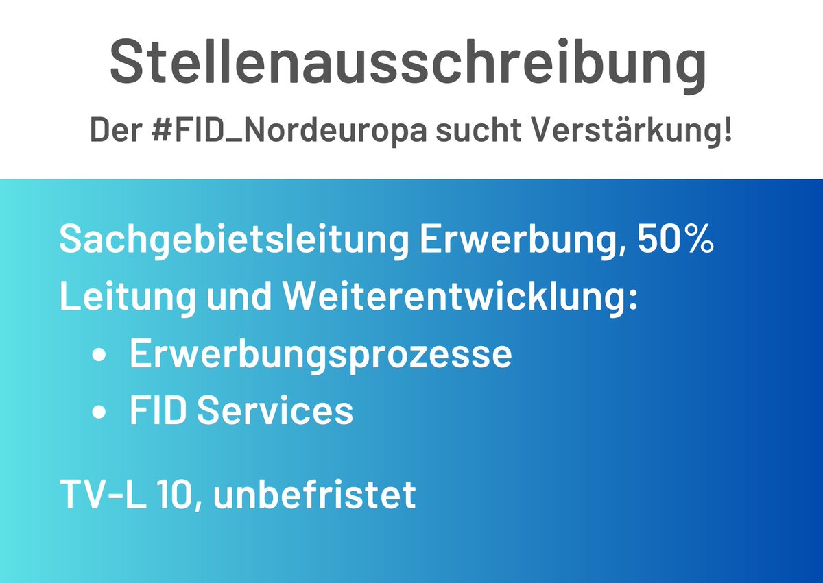 #Job im #FID_Nordeuropa: Für die Leitung unseres Sachgebiets Erwerbung suchen wir dauerhaft eine*n engagierte*n  Mitarbeiter*in im Team des FID. Interessiert? Bewerben Sie sich bis zum 07.09.2023. 
#vifanord #Stellenangebot #Bibliothek 

ub.uni-kiel.de/de/ueber-uns/s…