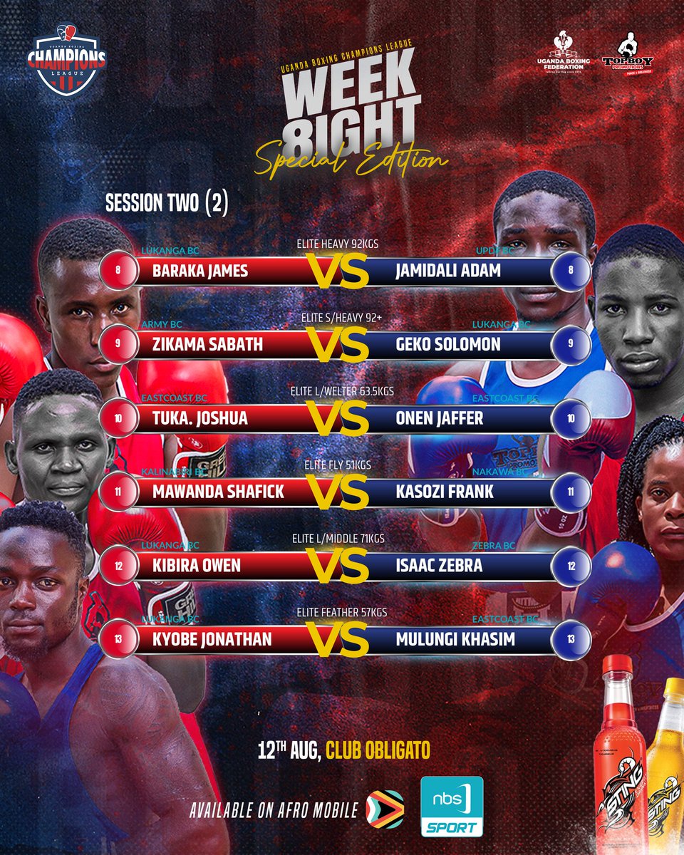NBSportUg's tweet photo. Following a remarkable achievement of @UgandaBombers in clinching 7 medals for the nation at #AFBC2023, a dedicated special weekend edition of #UBCL awaits.
Tomorrow, the boxing action returns to CLUB OBLIGATO.
#NBSJabJab | #UBCL | #NBSportUpdates https://t.co/F1rCw0dZlz