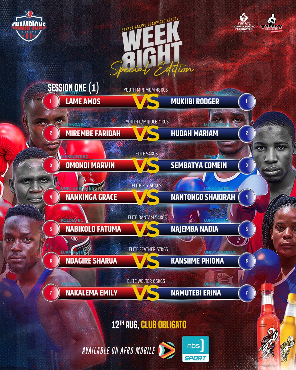 NBSportUg's tweet photo. Following a remarkable achievement of @UgandaBombers in clinching 7 medals for the nation at #AFBC2023, a dedicated special weekend edition of #UBCL awaits.
Tomorrow, the boxing action returns to CLUB OBLIGATO.
#NBSJabJab | #UBCL | #NBSportUpdates https://t.co/F1rCw0dZlz
